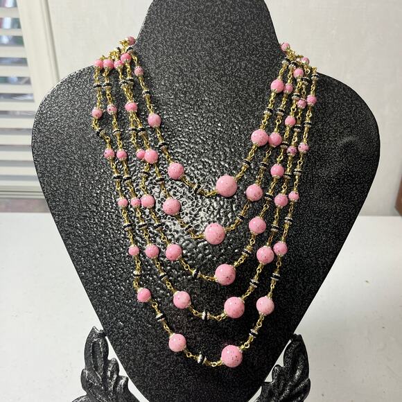 5-Strand Bubble Gum Pink Gold Black Beaded Statement Necklace 12 inches - Picture 1 of 2